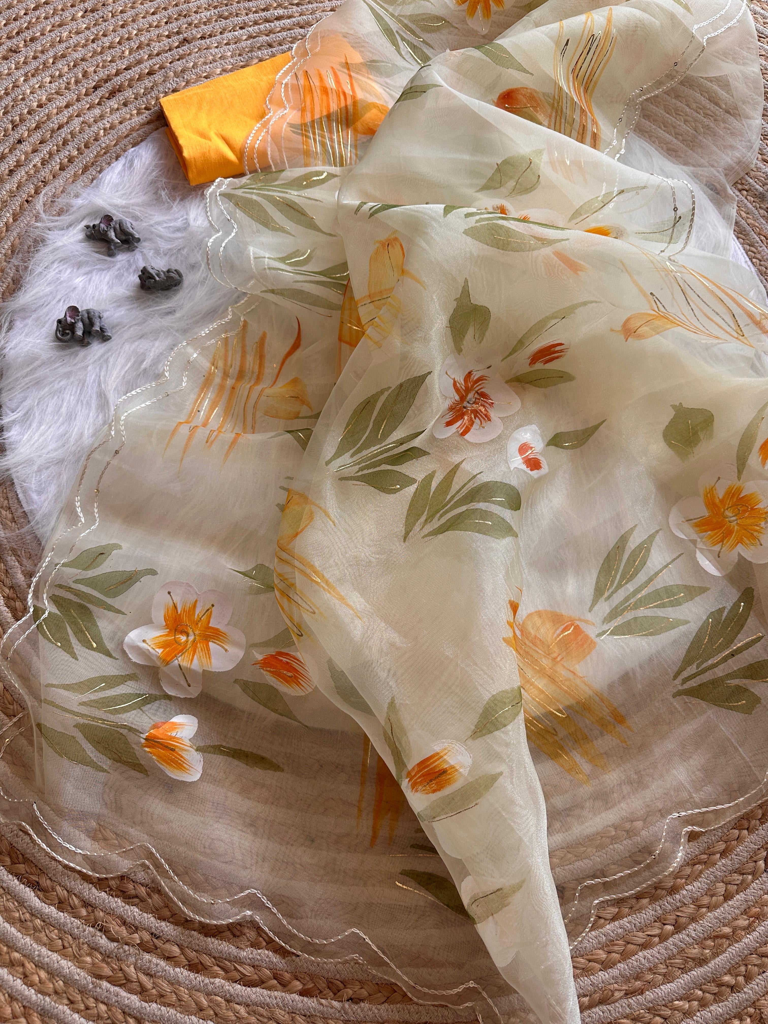 Zoey Handpainted Saree(yellow)