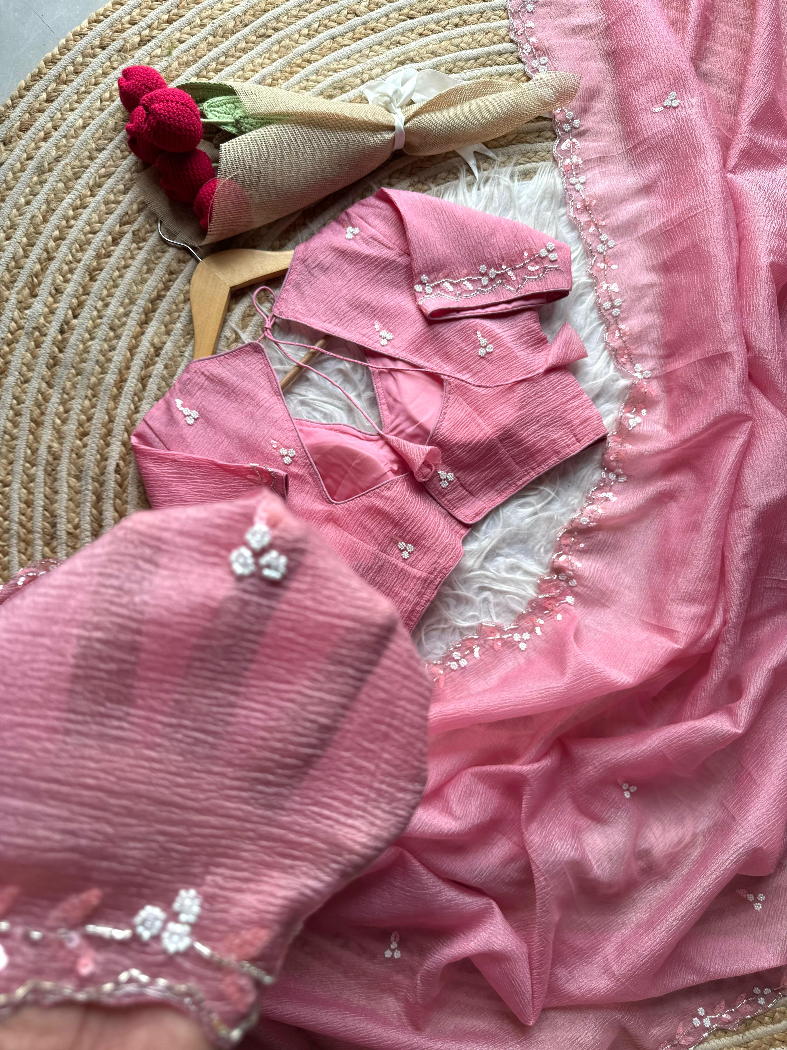 Noorani Handwork Saree(Pink)