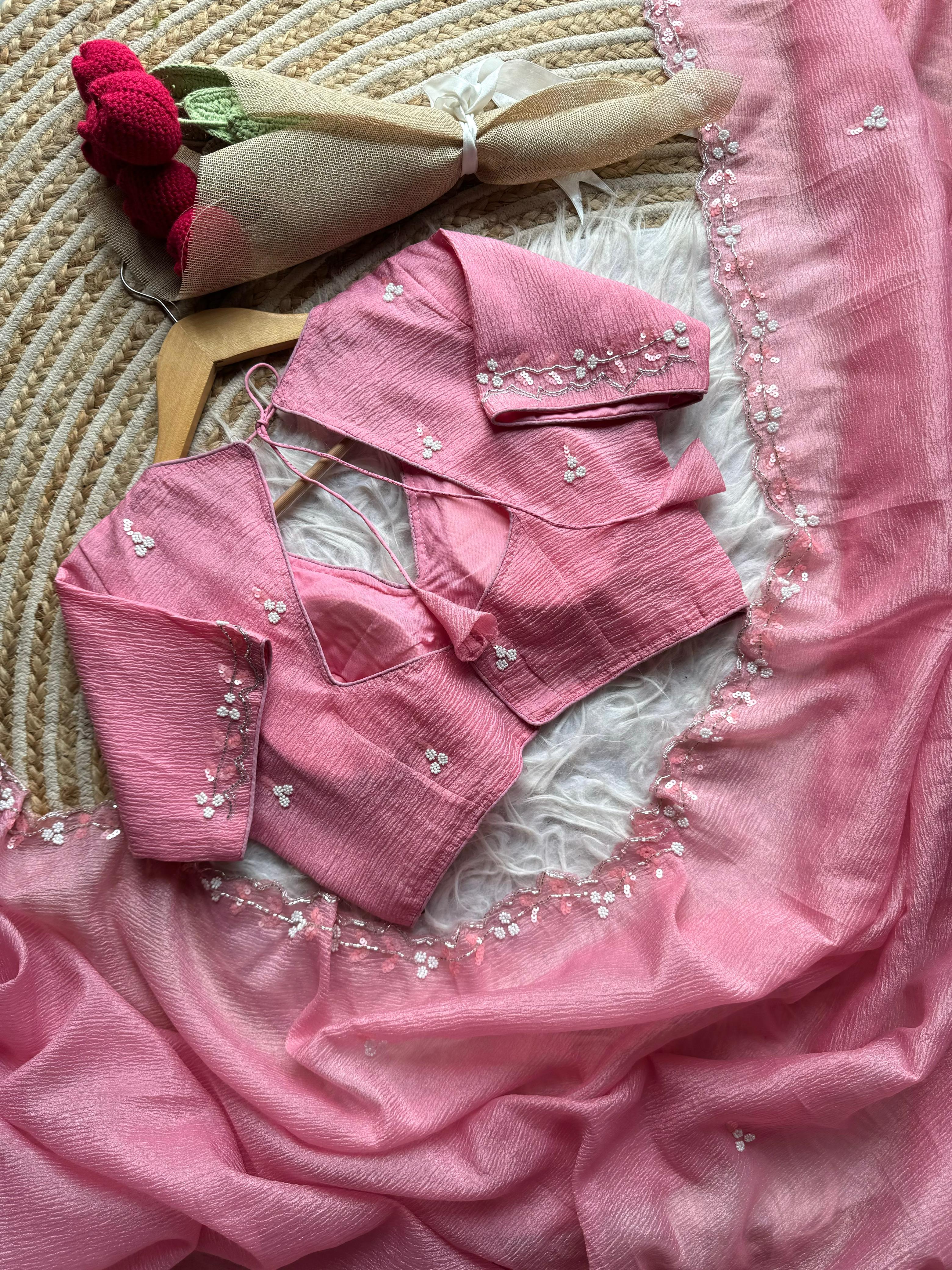 Noorani Handwork Saree(Pink)